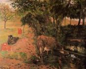 保罗 高更 : Landscape with Cows in an Orchard